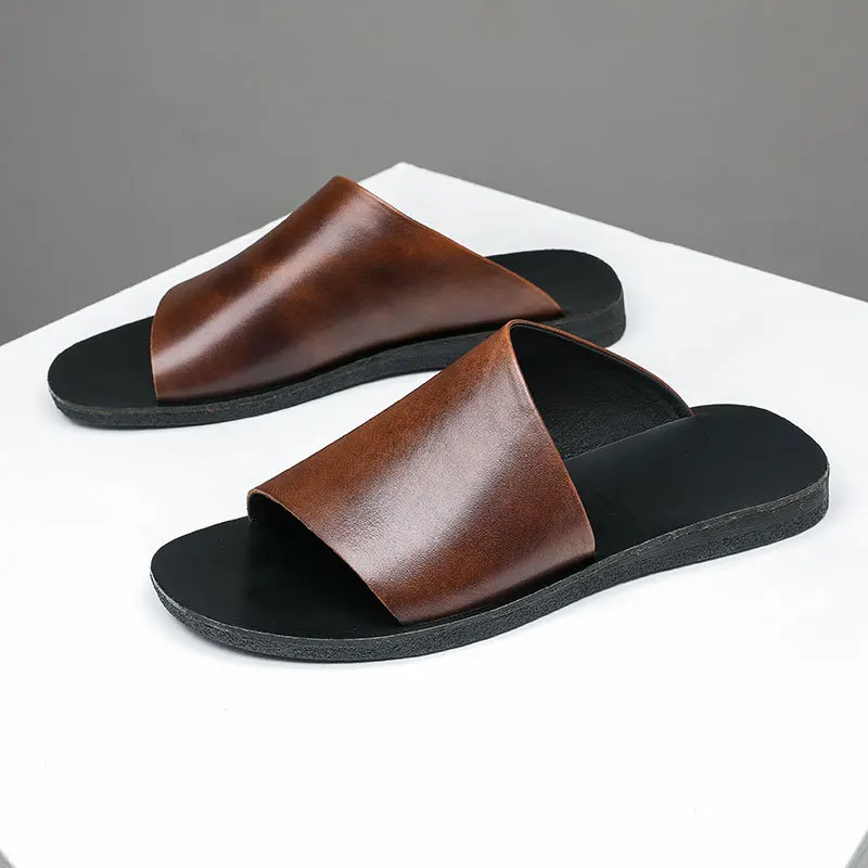 Mens Summer New Genuine Leather Classic Vintage Non-Slip Concise Fashion Male Slippers High Street Casual Korean Style