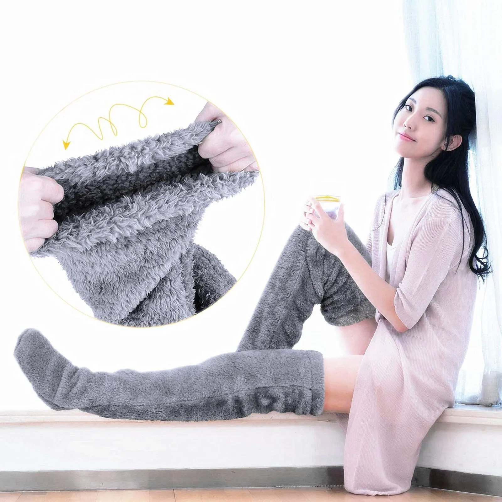 Fluffy Leg Warmers Stocking Winter Warm Leg Cover Home Over Knee Socks Thick Woolen Pants Leg Warmers Bed Long Socks Slippers