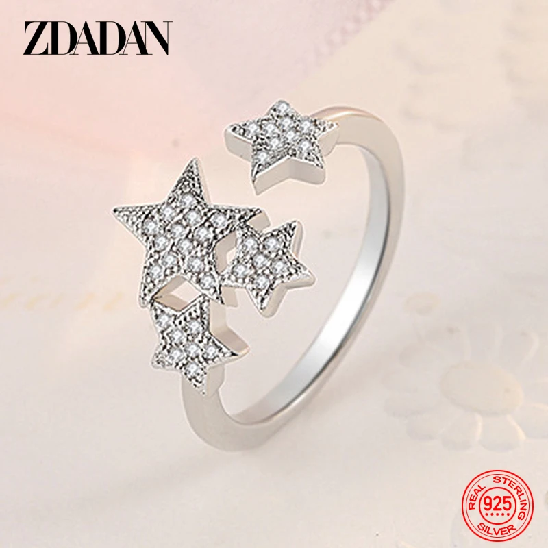 

ZDADAN 925 Sterling Silver Star CZ Adjustable Open Ring For Women Charm Wedding Jewelry Gift