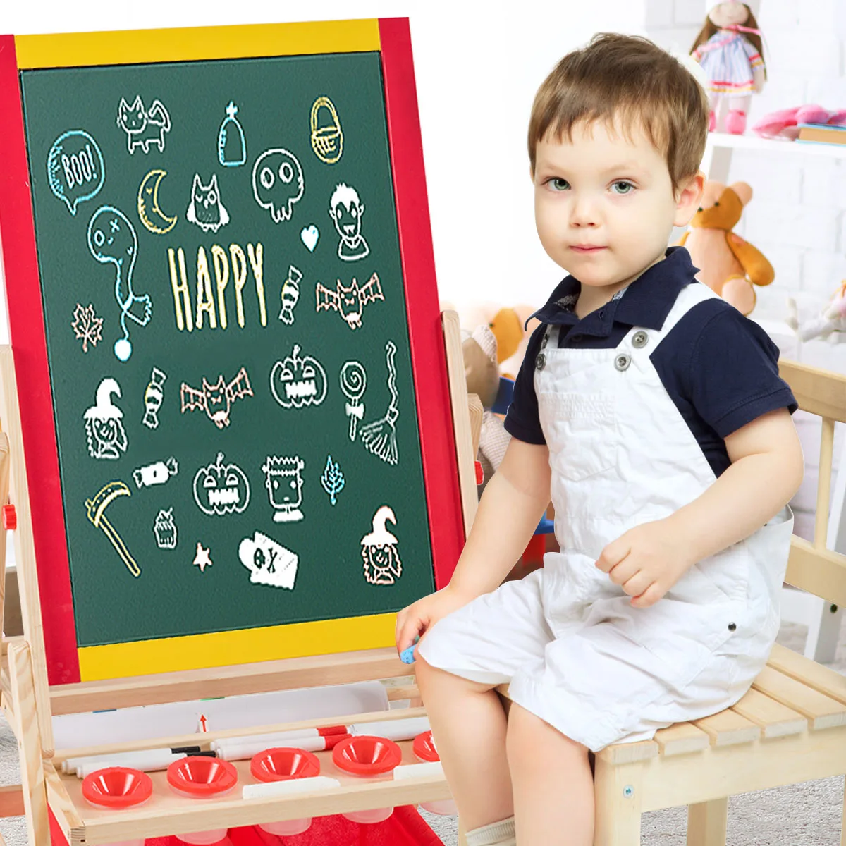 Flip-Over Double-Sided Kids Art Easel w/Paper Roll Storage Bins & Accessories