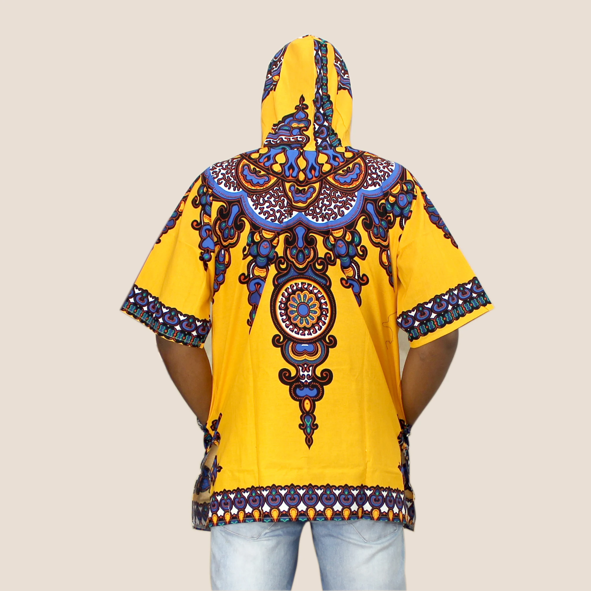 African Royal Dashiki Hoodie Mens Yellow Printed Wedding Kwanzaa Clothing