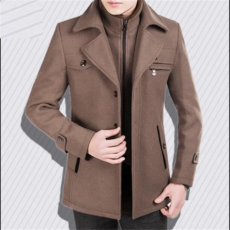 2019 new men's autumn and winter coat men's medium and long woolen jacket men's Mock Neck slim plus cotton thickened coat