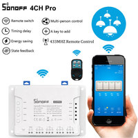 Sonoff 4CHProR3 Smart Wifi Light Switch 4 Gang, 3 Working Modes Inching Interlock Self-locking RF/Wifi Switch Works With Alexa