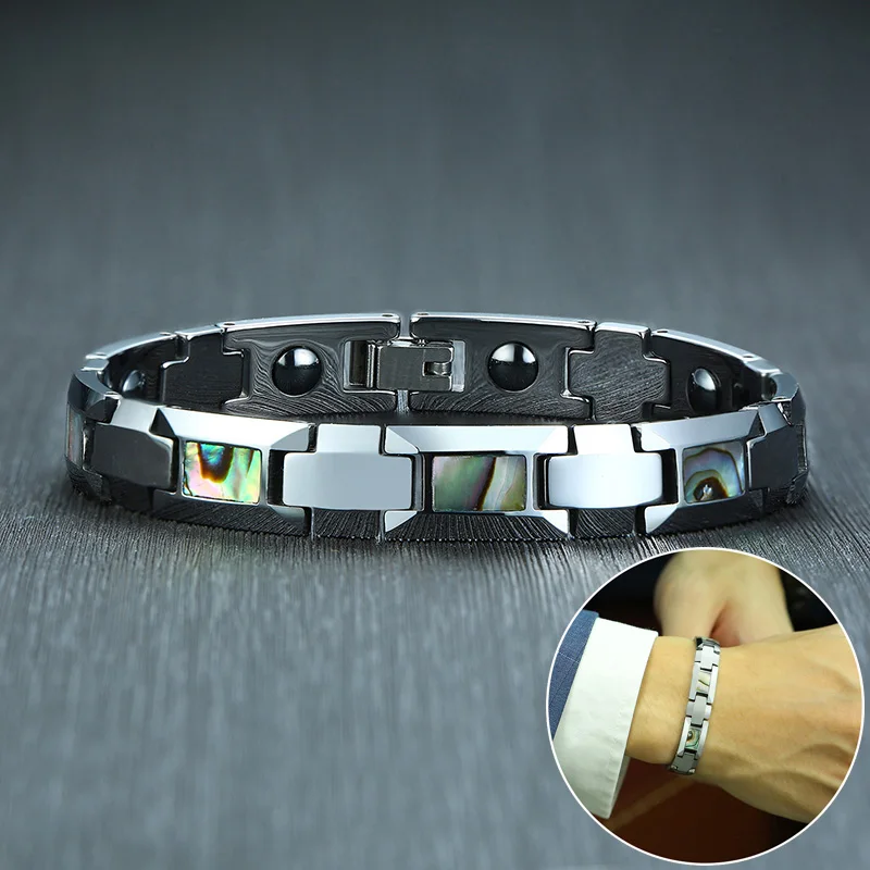 Anti-scrated Tungsten Bracelets Men Natural Shell Hematite Magnetic Health Energy Chain Link Shiny Jewelry Male Christmas Gifts