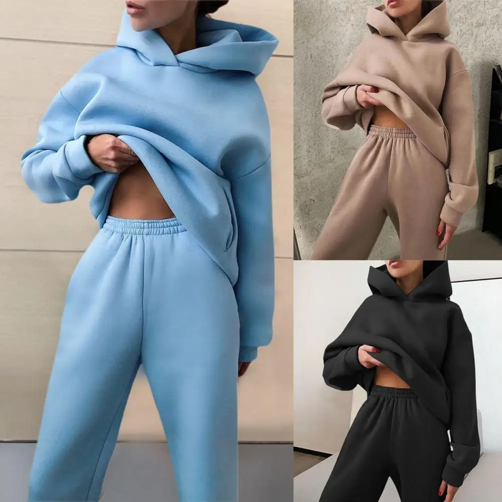 Women\'s Tracksuit Long Sleeve Sweatshirt Warm Solid Color Hoodie Pants Outfit for Autumn Winter 2 Piece Set Sport Suit Oversized