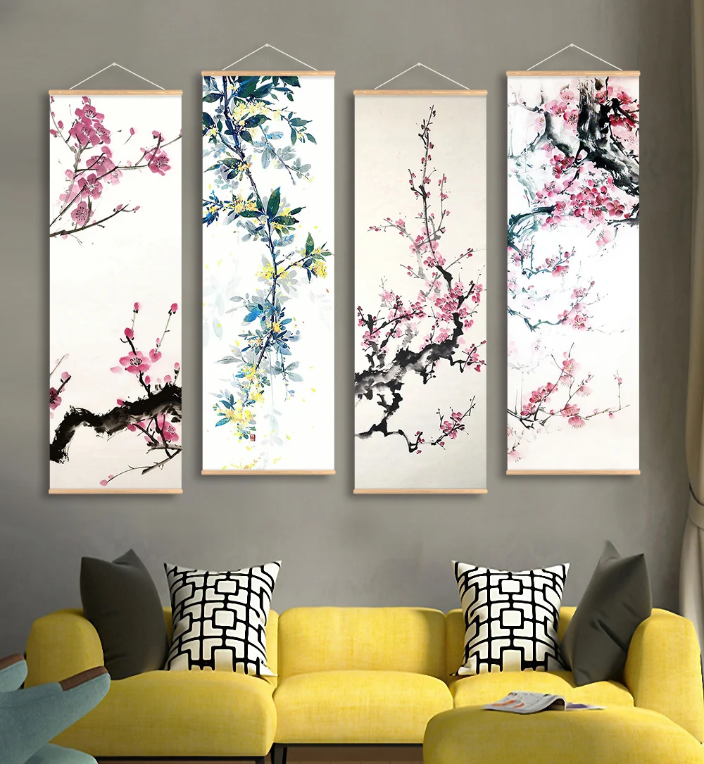 Chinese Plum Blossom Scroll Hanging Canvas Poster Vintage Flower Wall Picture Scroll Painting For Living Room Office Decor