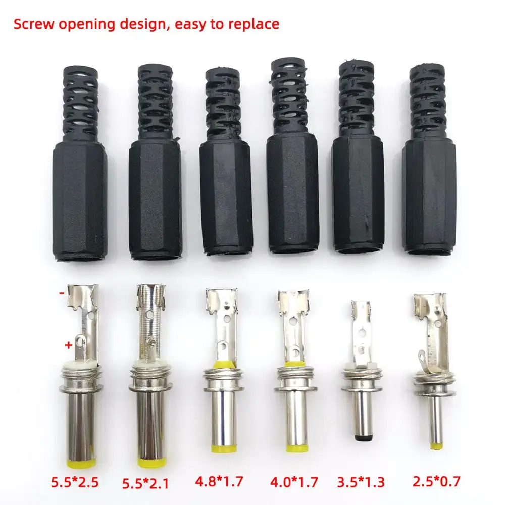 5Pcs 5.5x2.5 5.5x2.1 4.8x1.7 4.0x1.7 3.5x1.35 2.5x0.7mm Male DC Power Plug Connector 180 Degree Plugs Cable Male Plug Adapter