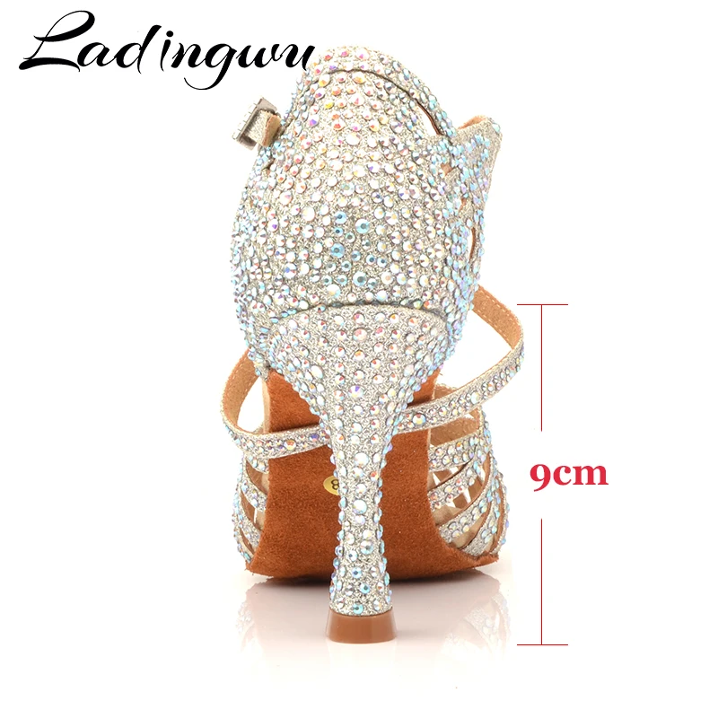 Ladingwu Women Party Dance Shoes Flash cloth Shining rhinestones Soft Bottom Latin Dance Shoes Woman Salsa Dance Shoes heel 6-10