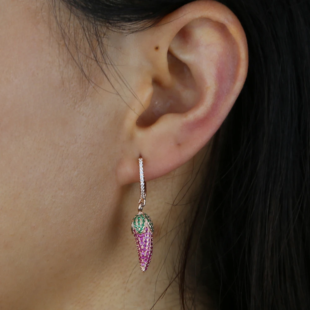 Imagen 7: 2025 novedad de verano diseño verde rojo Cz pimienta chile Charm pendientes colgantes para mujeres lindas niñas verduras berenjena joyería de moda