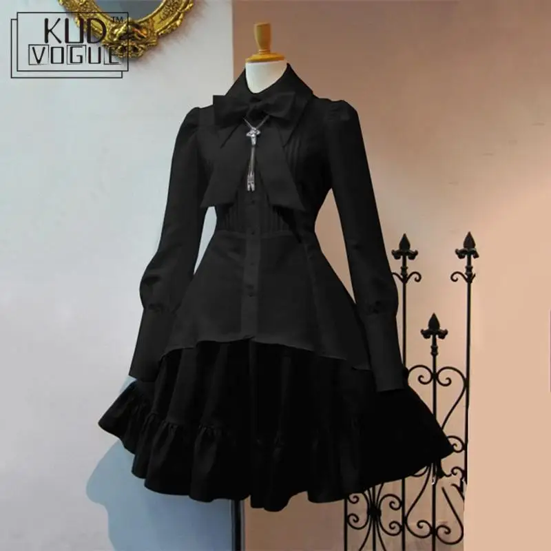 Victorian Gothic Women Cosplay Set Medieval Shirt Dress Pleated Skirt 2pcs Suit Black White Plus Size Lolita Bow Collar Vintage