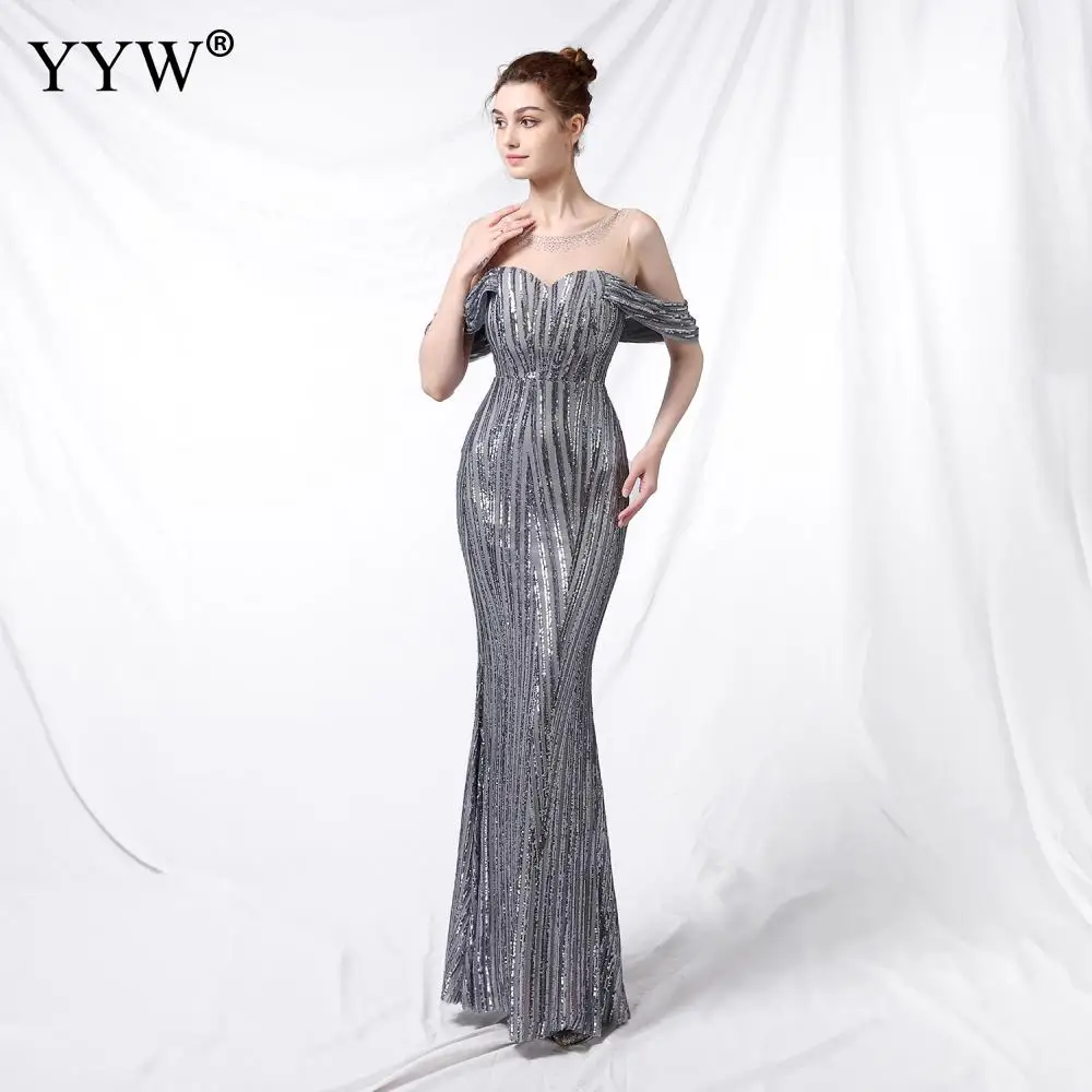 

Elegant Woman Off Shoulder Long Evening Dress Bling Sequin Mermaid Evening Party Dresses Femme Vestidos Ladies Robe De Soiree