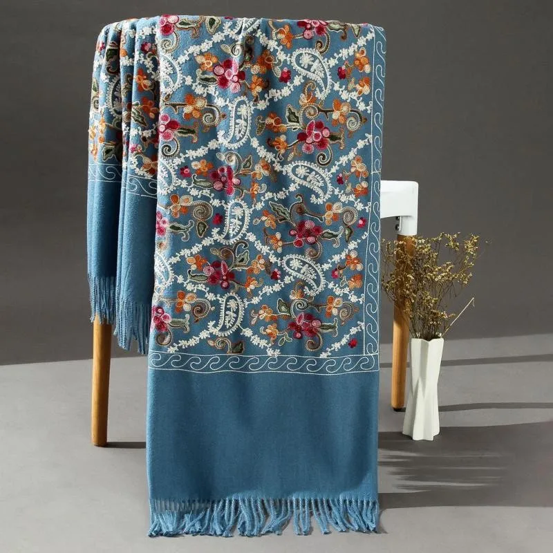 Pashmina Women Shawls Embroidery Flower Wrap Chal Soft Imitation Cashmere Mujer Bufanda Scarf Tassels Muffler Poncho Cape