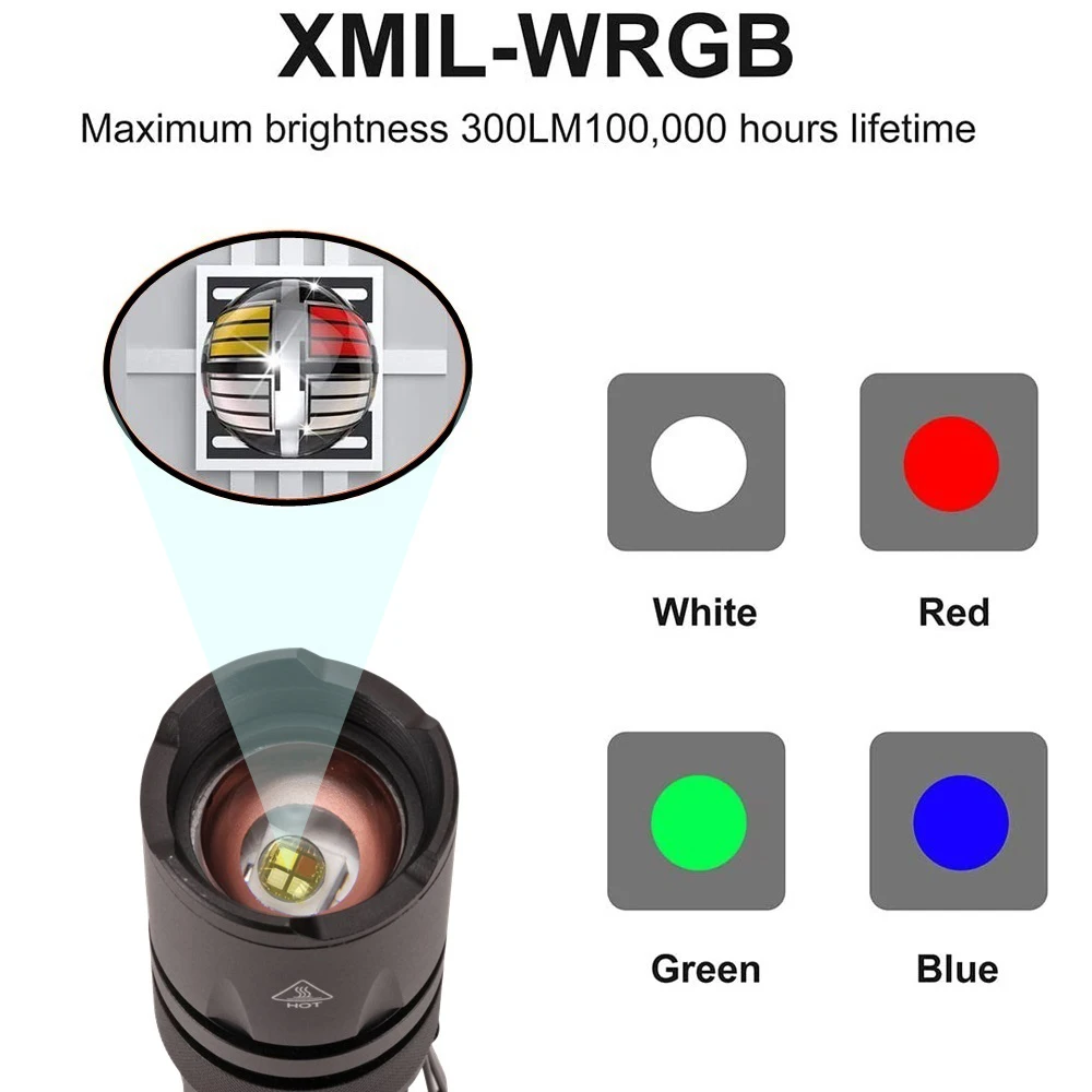 4 in 1 Multicolor Zoom Led White/Red/Green/Blue Lighting Flashlight Outdoor Hunting Photographic Selfie Hiking Camping Totch