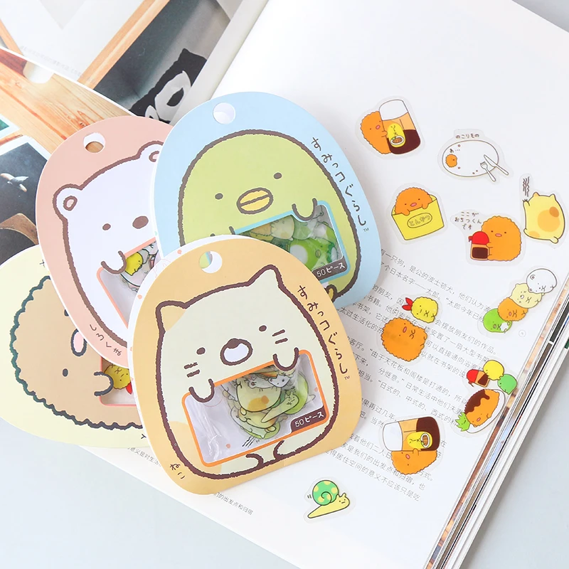 Autocollants Kawaii en PVC, 50 pièces/paquet, étiquettes mignonnes de dessin animé, joli chat, ours, pour décoration de journal intime, papeterie