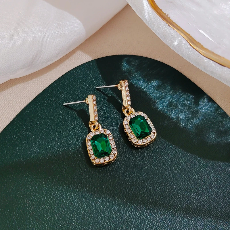 Green Gem Square Inlaid Rhinestone Drop Earrings Women Simple Zircon CZ Crystal Geometric Ear Jewelry Valentine's Day Gift