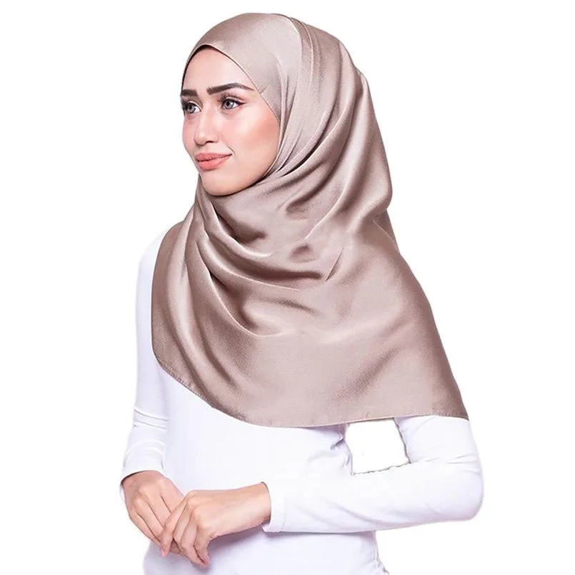 90*90cm Stain Scarf Hijab Wrap for Women Solid Headband Muslim Female Shawls Faux Silk Girls Turbanet Headscarf