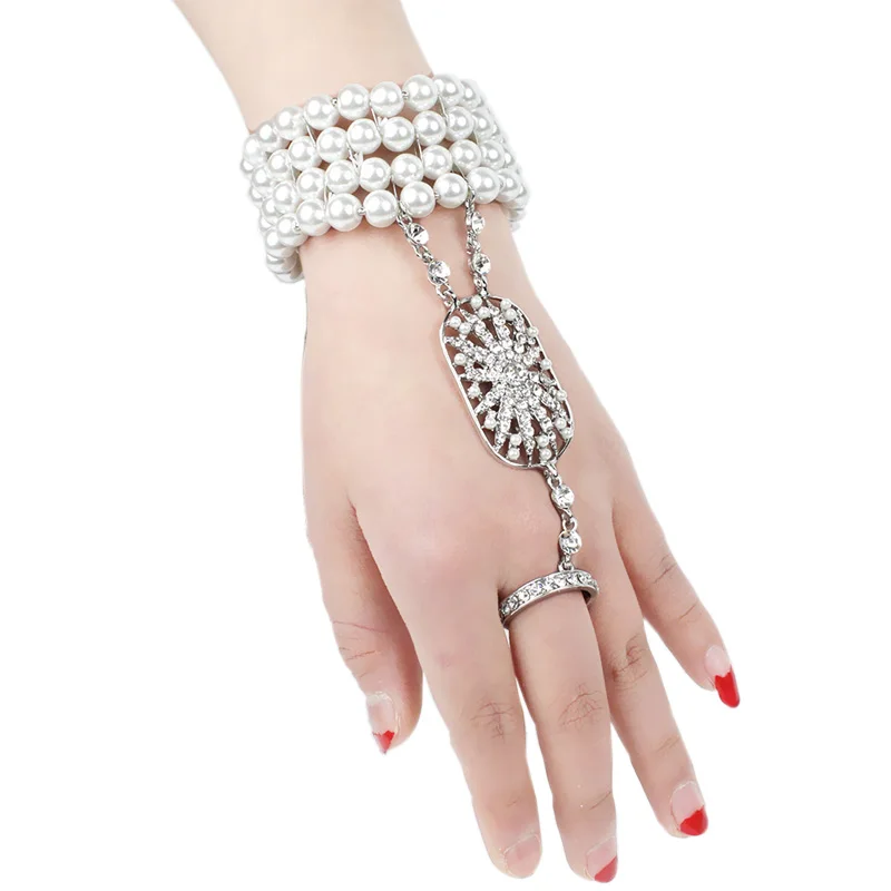 Art Deco The Great Gatsby Inspired Flower Simulated Pearl Bracelet Set Wedding Bridal Bracelet 1920s Flapper Accessories