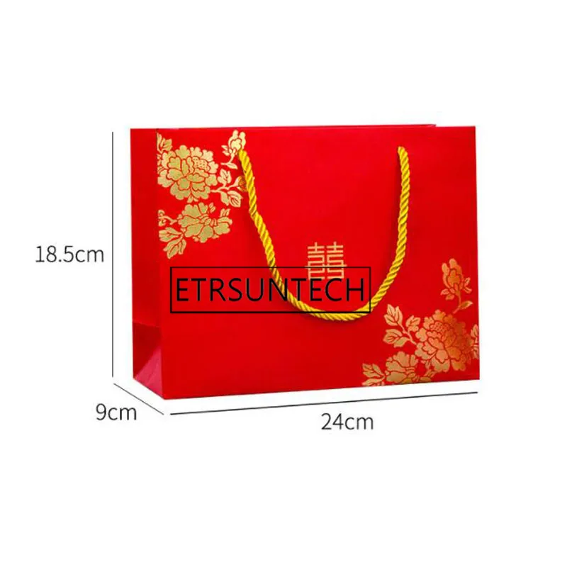 100pcs Chinese Style Red Double Happiness Paper Gift Bags for Wedding Packaging Bag with Handle Party Favors