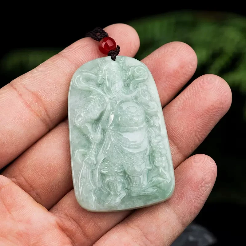 Admirable Burma Jade Pendant Guan Yu God Amulet Wealth Patronus Periapt Emerald Fine Churinga