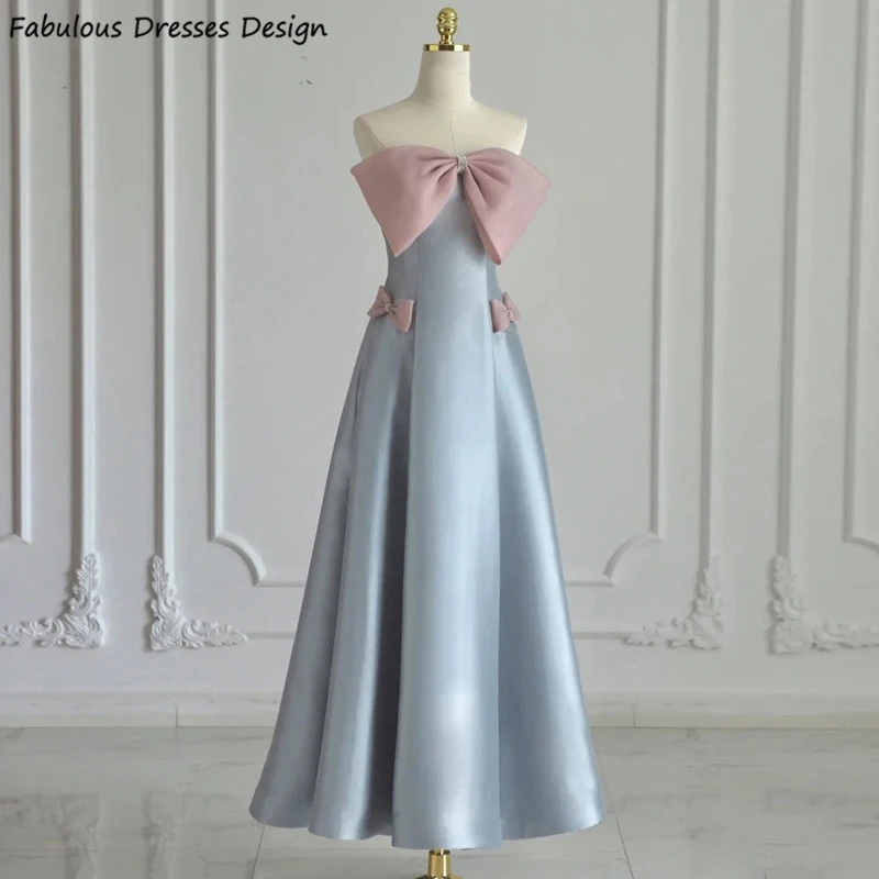 

Lovely Light Blue Long Bridesmaid Dresses 2023 A-line Pink Bowknot Beaded Strapless Wedding Party Dress For Women Prom Gown