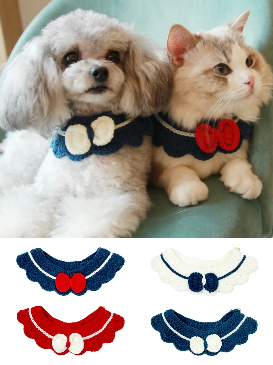 Cat Hand-knitted Yarn Crochet Collar Bowknot Bib British Cute Dog Accessories Teddy British Short