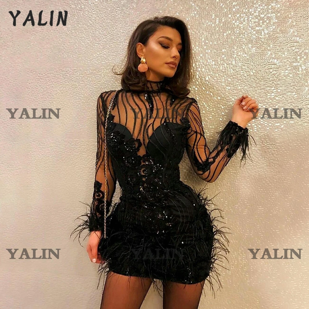 Yalin preto manga longa vestidos de cocktail alta pescoço bainha rendas lantejoulas curto vestido de festa de penas baile de formatura formal vestido de ocasião