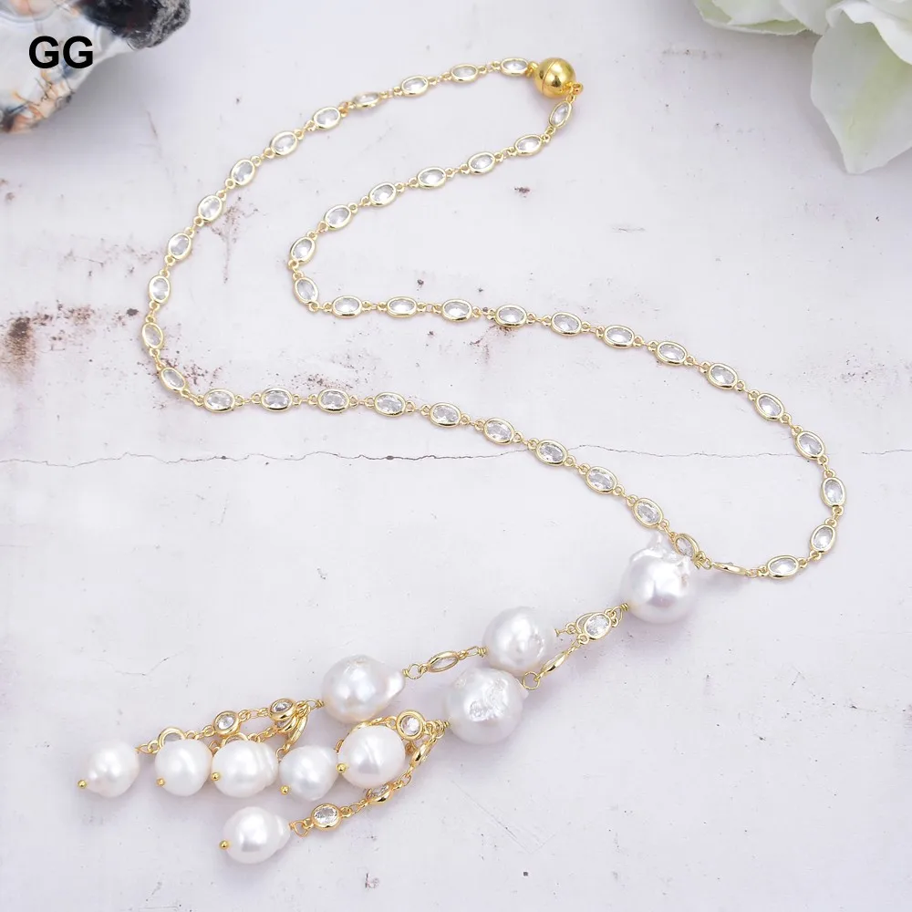 G-G 26'' White Keshi Pearl Gold Plated Cz Crystal Chain Necklace