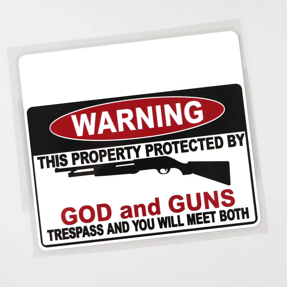 YJZT 13.6CM×8.8CM WARNING PROTECTED BY GOD AND GUNS TRESPASS Decal PVC Car Sticker 12C-0124