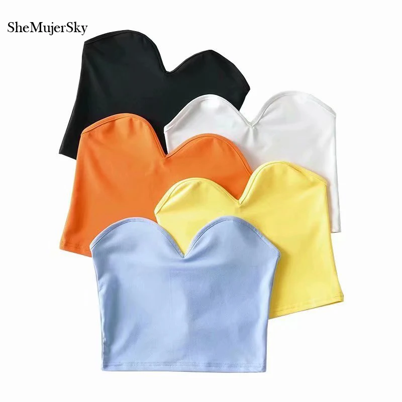 2021 Summer Sexy Strapless Tops Women Off Shoulder Elastic Solid Color Top Cropped Tops