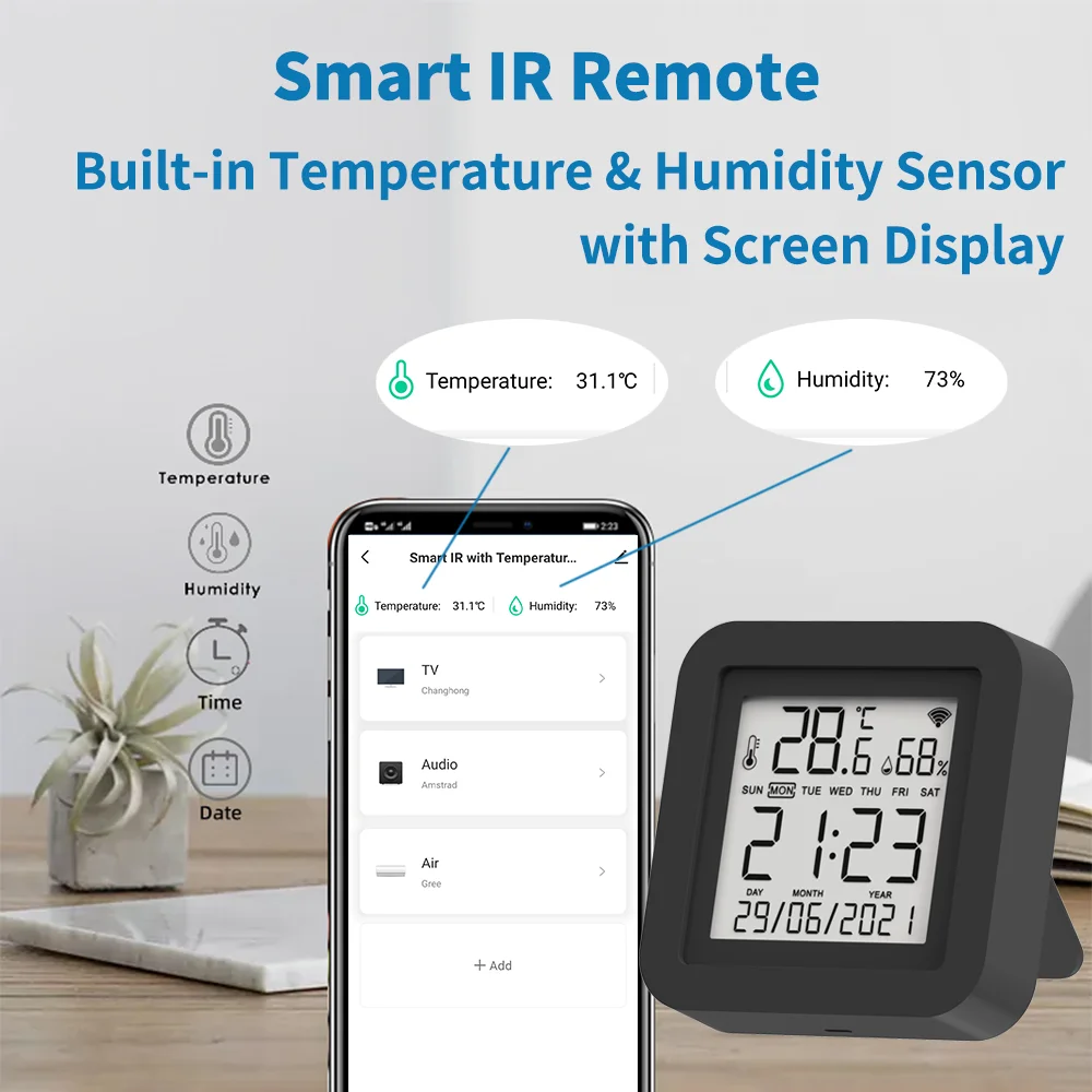 Tuya Smart Universal IR Remote with Temperature Humidity Sensor for Air Conditioner TV AC Works with Alexa,Google Home Yandex