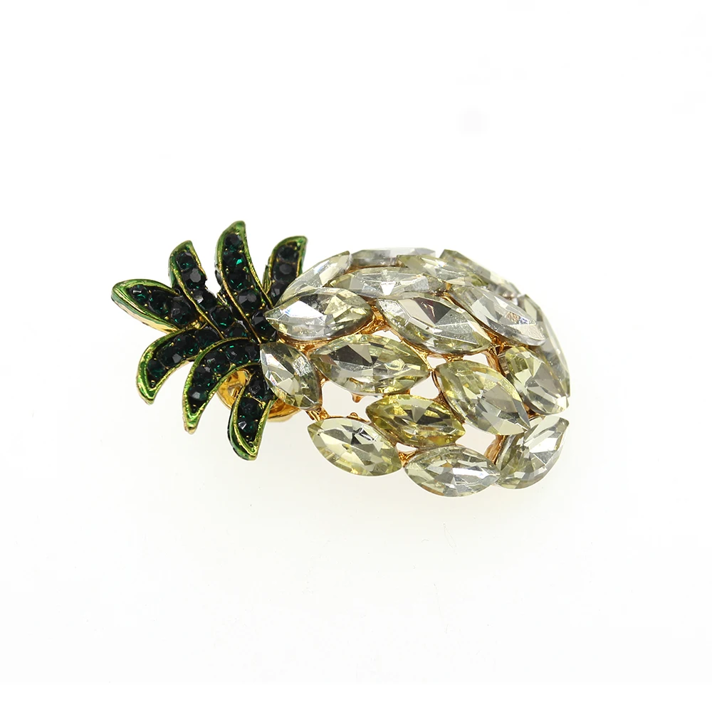 Wholesale Zinc Alloy Gold Plated Green Leaf White Glass Pineapple Brooch For Gift