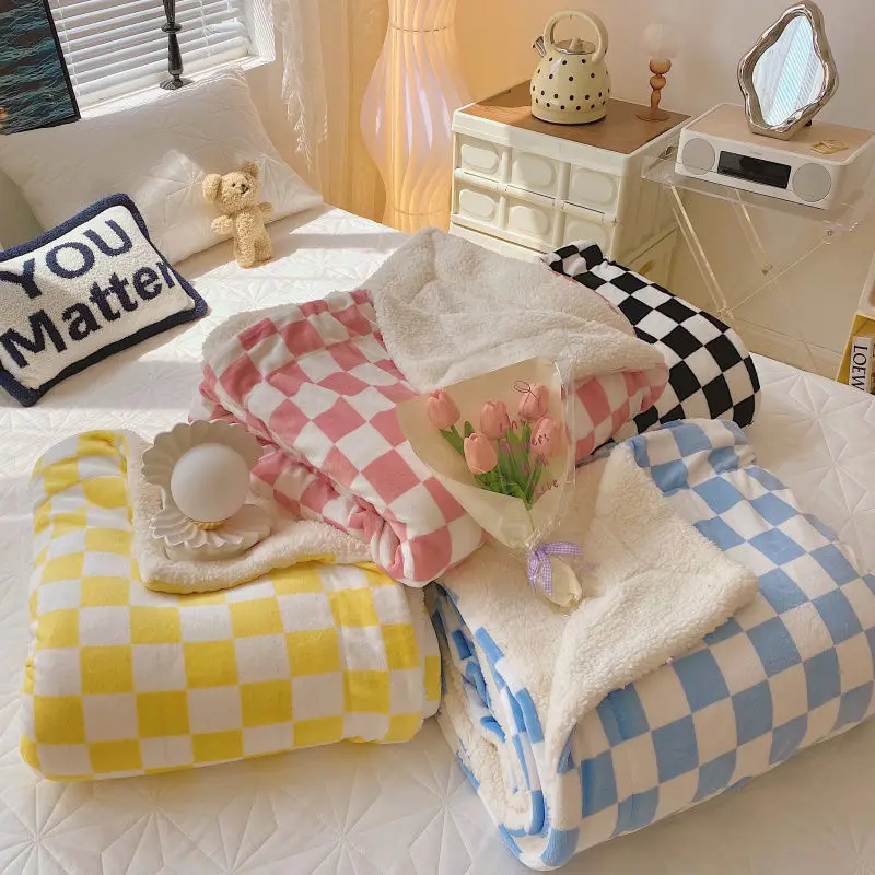 

Checkerboard Winter Double Layer Thick Blanket Soft Warm Sherpa Wool Blankets Plaid Lamb Throw Blankets Girls Gifts Home Decor