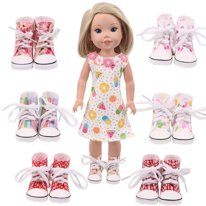 Long Tube Printed Canvas & Solid Casual Doll Shoes Suitable For Autumn & Winter For 14 Inch Dolls Birthday Girl's  Toy Gifts