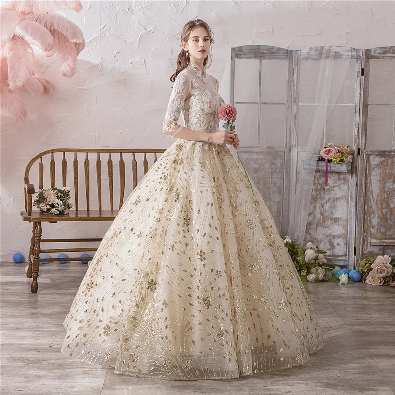 Customized High Neck Champagne Half Sleeve Wedding Dress Vintage Luxury Lace Embroidery Illioun Princess Gown Robe De Mariee