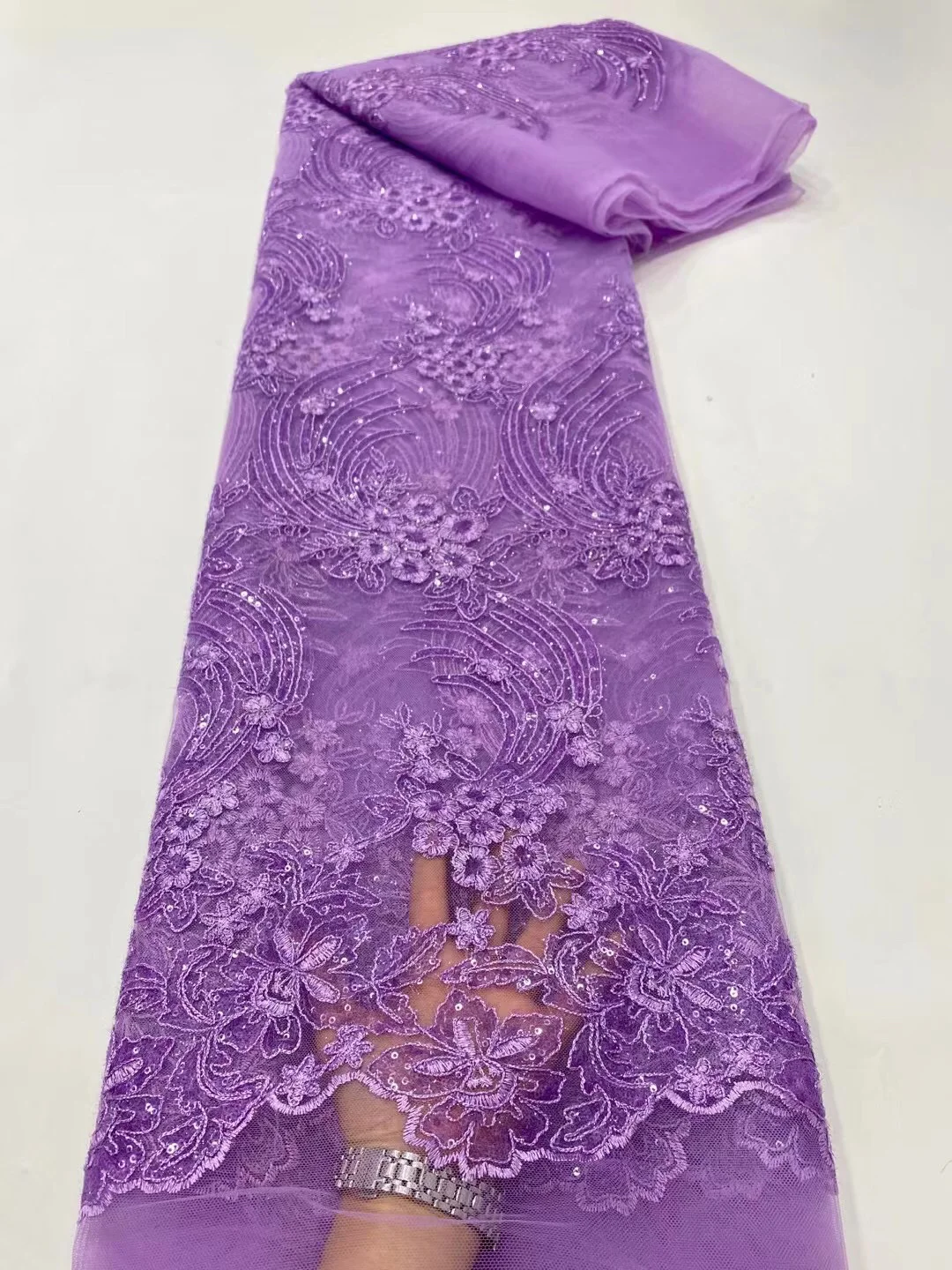 

2021 Latest Purple French Lace Fabric With Sequins Nigerian Net Lace Fabric African Tulle Lace Fabric for Wedding Party KDP21144