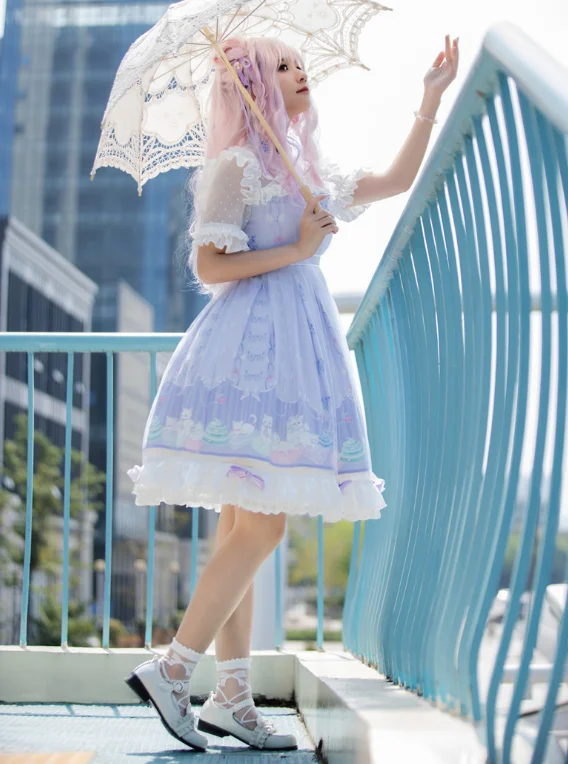 น่ารัก bowknot น่ารักพิมพ์สูงเอวเจ้าหญิงชุดวิคตอเรีย Kawaii สาว Gothic Lolita JSK Loli หวาน Lolita VINTAGE