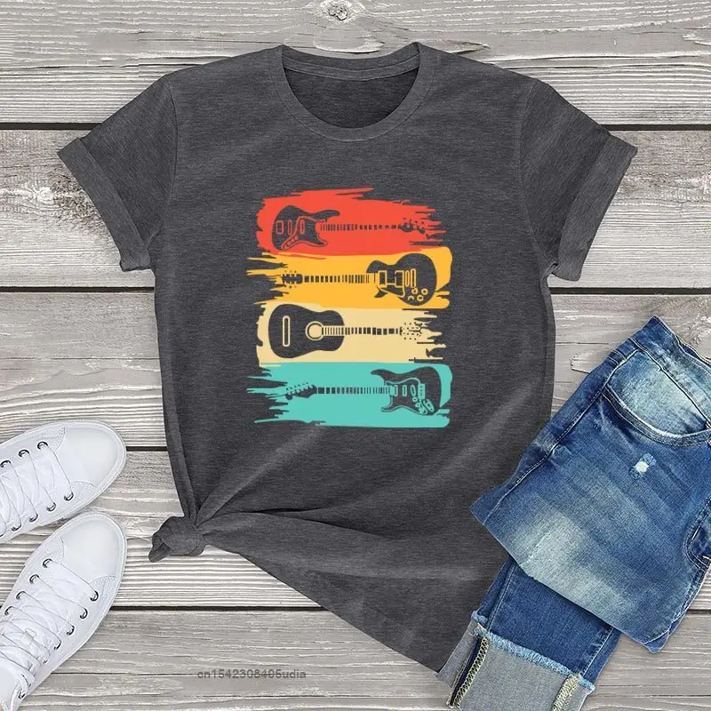 Pure Cotton Vintage Guitar Tshirts Women Clothing Music Band Guitarist Womens T-Shirts Soft Fashion Ladies Tops Mens Tees