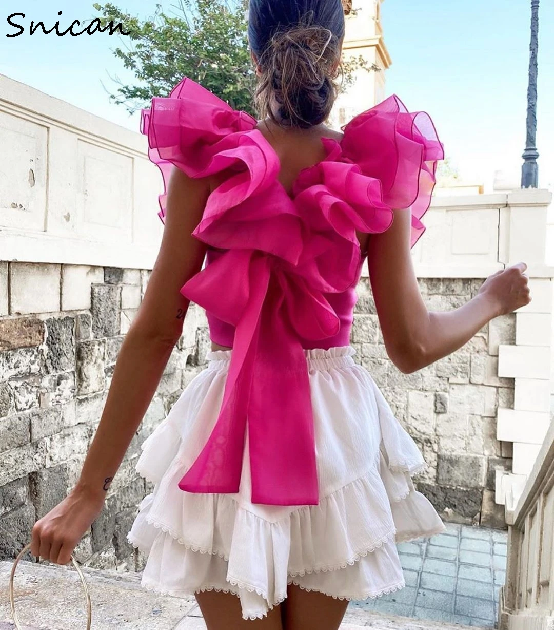 summer blouse women transparent organza pink puff ruffle sleeve back bow blouse sexy slim short tops female camisetas mujer za