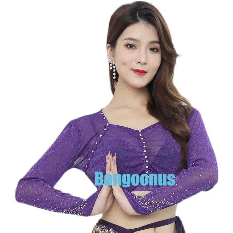 ผู้หญิง Belly Dance เครื่องแต่งกายแขนยาวเซ็กซี่ใหม่ออกกำลังกายเสื้อผ้าตาข่ายยืดหยุ่นสูงและลูกปัด Oriental Dance การออกกำลังกายเสื้อผ้า