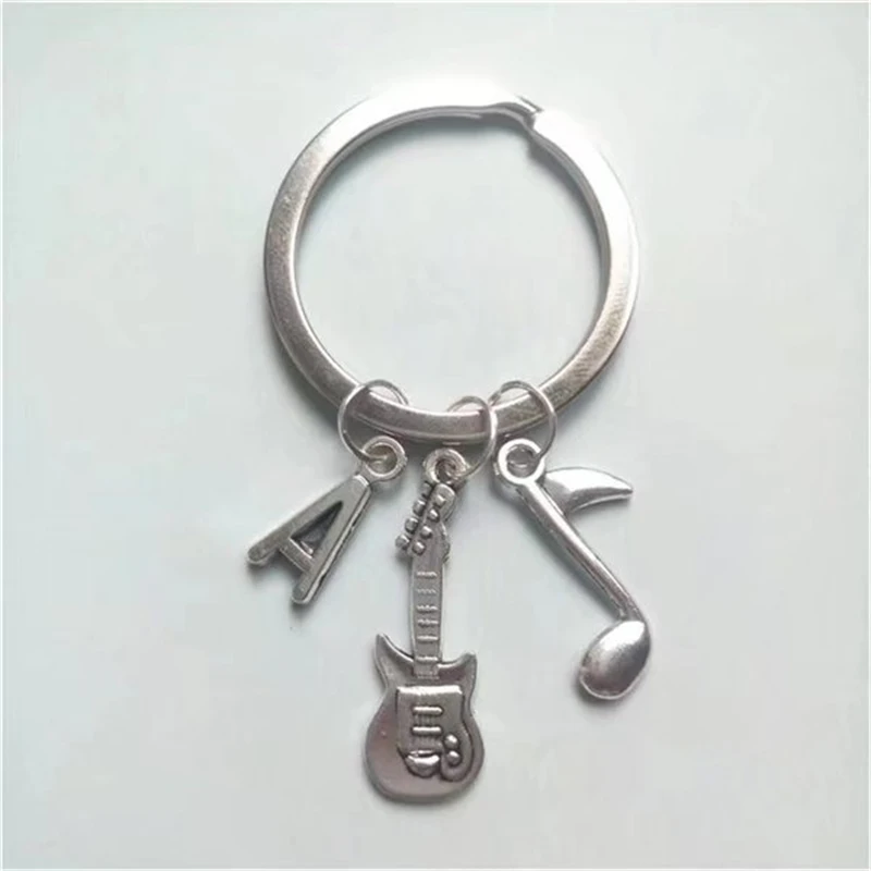 Music Keychain, Stainless Steel Keychain, Guitar and Music Note keyring, Initial, Guitar keychain