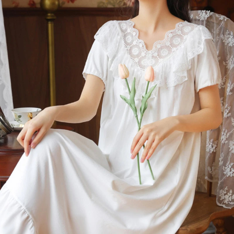 

Victorian White Cotton Night Dress Women Lace Short Sleeve Long Peignoir Nightwear Vintage Nightgown Romantic Princess Sleepwear