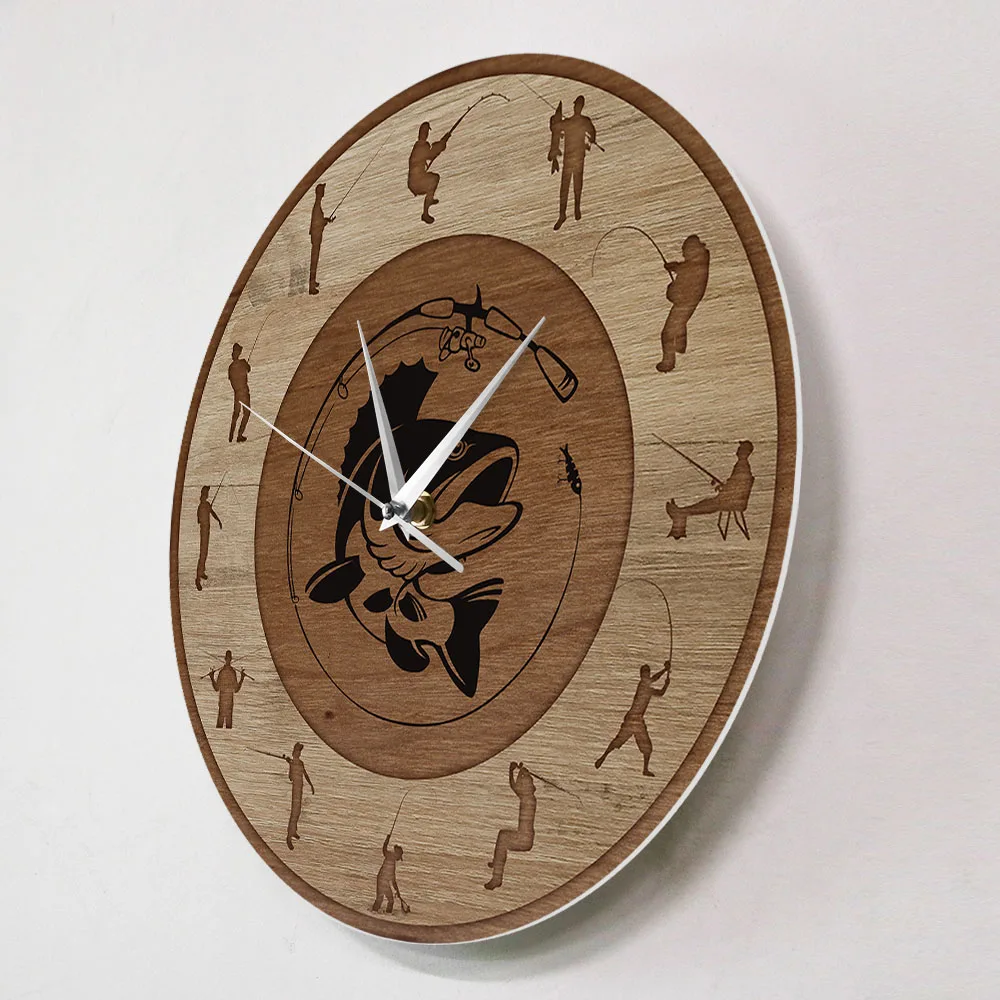 باس الفن الأسماك الساعة الصامت تجتاح الصيد ساعة حائط لودج المقصورة رجل الكهف ديكور فني صياد ساعة حائط الصيد هدايا له #2