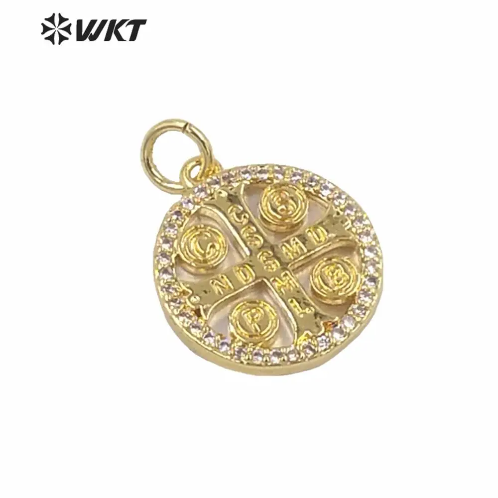 WT-MP154 New hot sales gold electroplated round tiny religous cross pendant women fashion jewerly design round coin cross charms