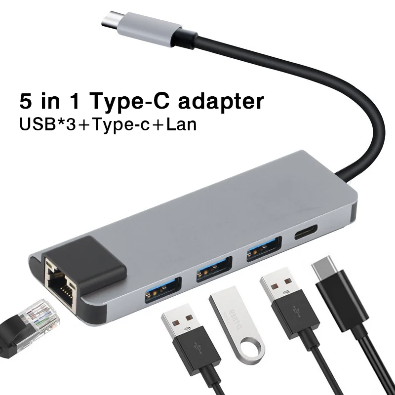 5 in 1 Type-C To USB3.0 HUB Converter With RJ45 Gigabit Ethernet LAN Type-C Charing Port For Huawei Samsung Xiaomi Adaper