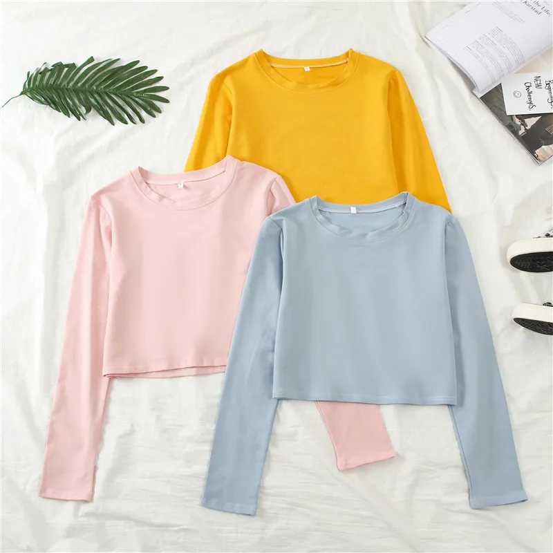 Women Long Sleeve T-shirts Autumn O-Neck Solid Ladies Casual Loose Brief Short T Shirt Tops Girls Crop Top Magliette Donna