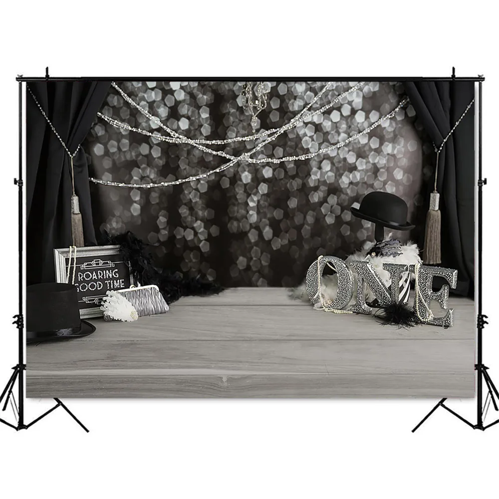 طافوا الوقت المناسب 1st عيد ميلاد خلفية الأطفال حديثي الولادة صورة خلفية بوكيه بريق أسود Curtrain الرجل الصغير