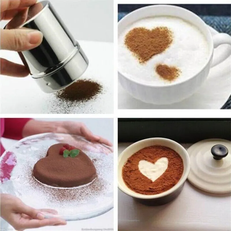 Stainless Steel Chocolate Shaker Cocoa Flour Coffee Sifter + 16Pcs Coffee Stencils Template Strew Pad Duster Spray barista tools