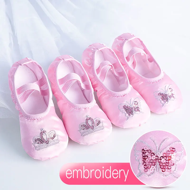 Girls Flat Dance Shoes Kids Satin Soft Sole Ballet Shoes Children's Sequins Embroidery Ballet Slippers балетки