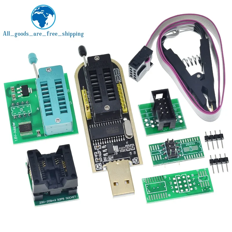 CH341A 24 25 Series EEPROM Flash BIOS USB Programmer Module + SOIC8 SOP8 Test Clip + 1.8V adapter + SOIC8 adapter DIY KIT