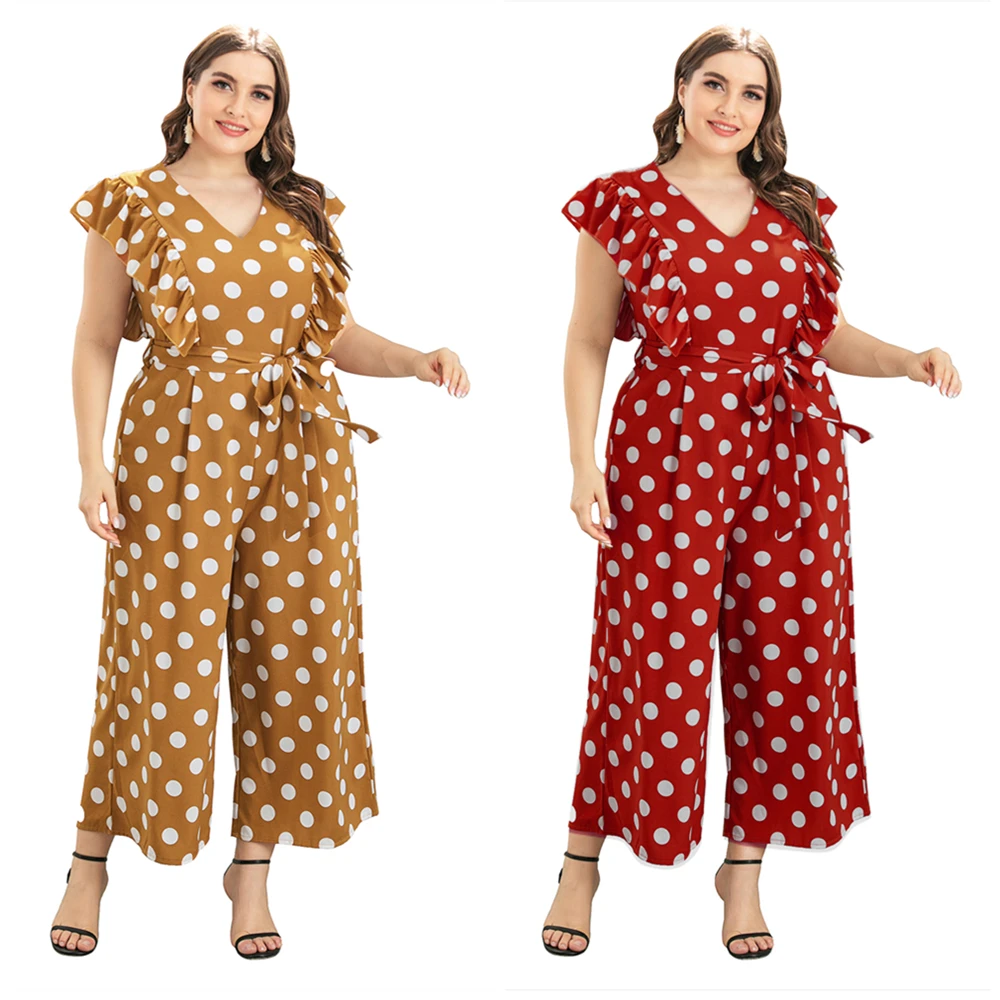 2021 Hot Sale European And American Style V-Neck Plus Size Ruffles Wide leg Jumpsuits For Women